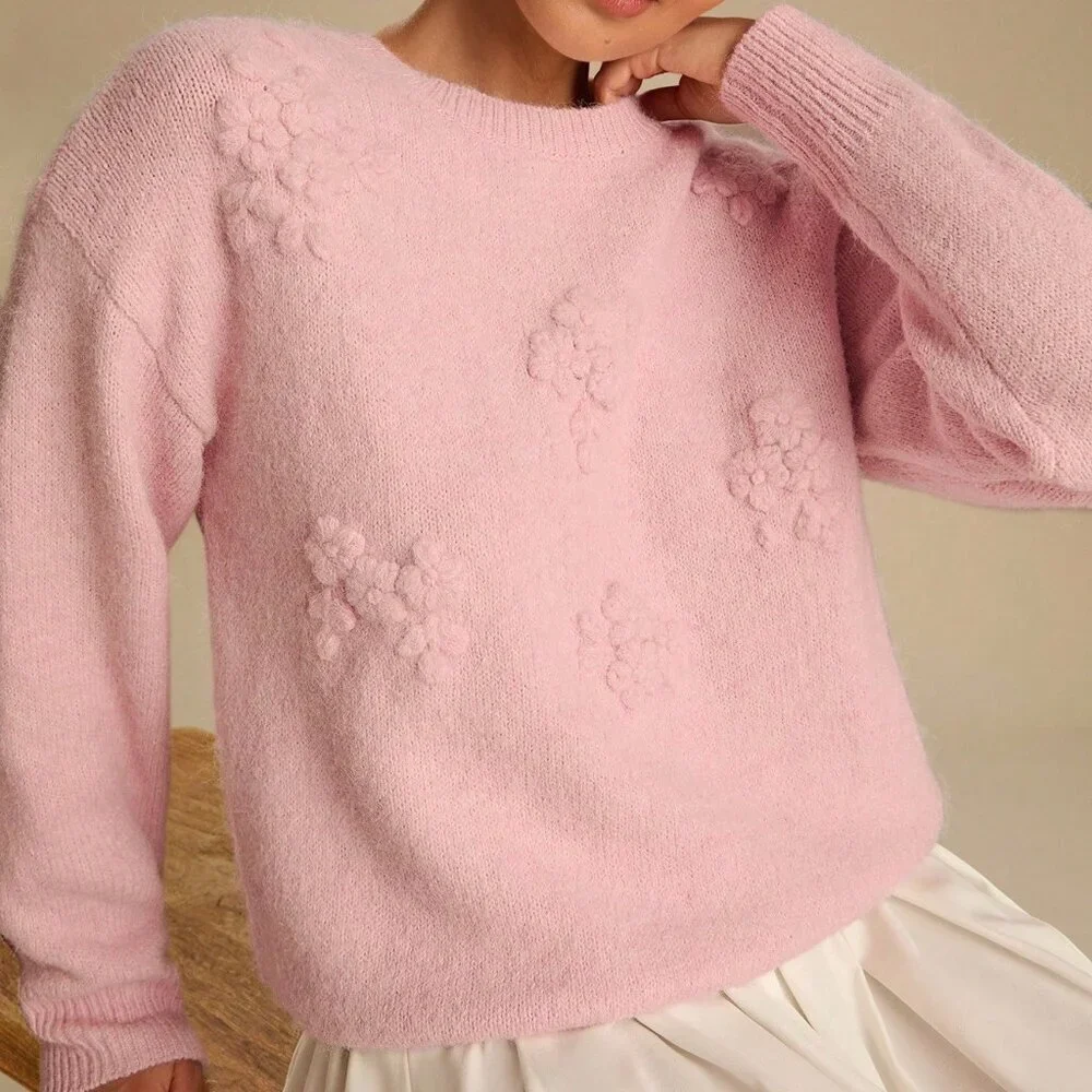 Pink Romantic Women's Pastel 3D Flowers Embroidered Long Sleeve Cute Sweater